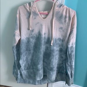 pink/gray/light blue tie dye hoodie with v neck